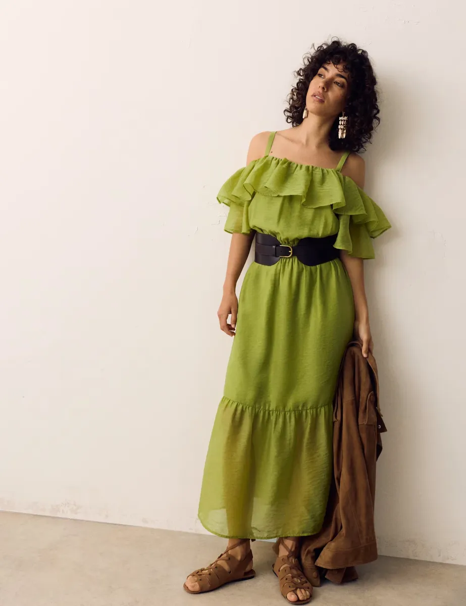 Frill Detail Strappy Midaxi Tiered Dress Soft Green