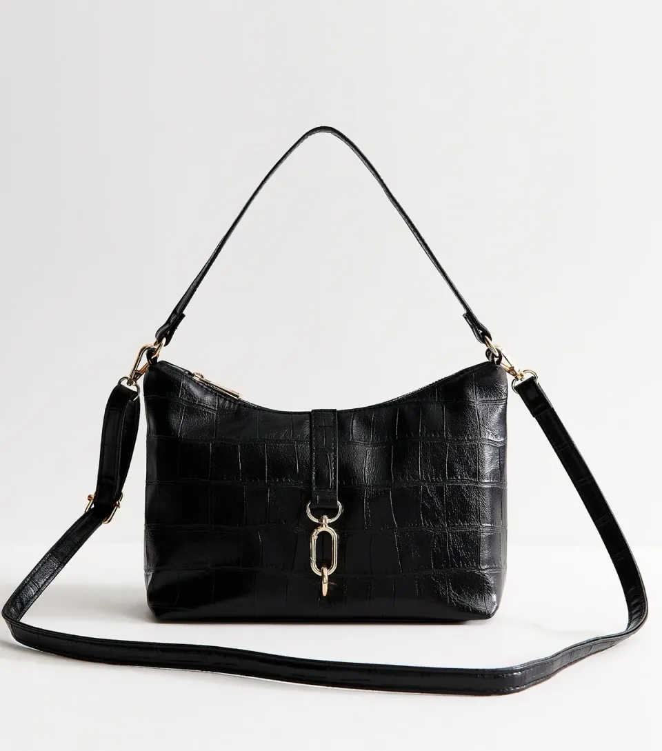 Black Faux Leather Crocodile Embossed Dual Strap Mini Shoulder Bag
