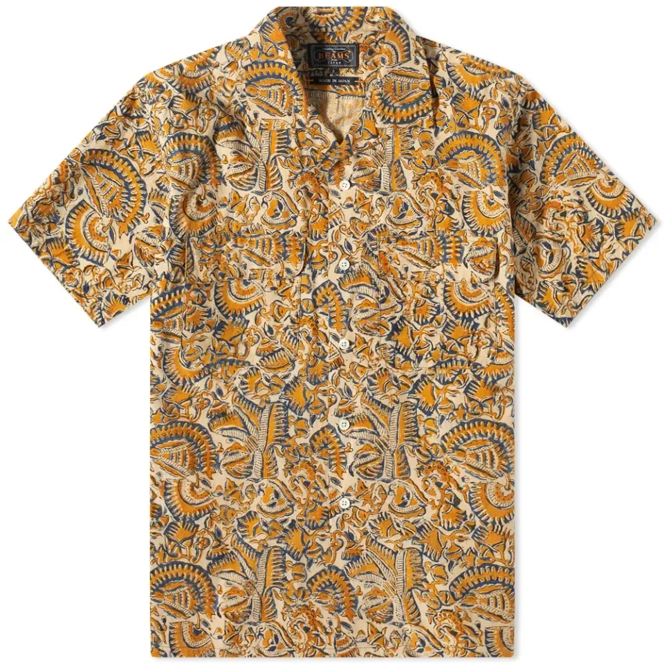 Short Sleeve Open Collar Botanical Block Print S