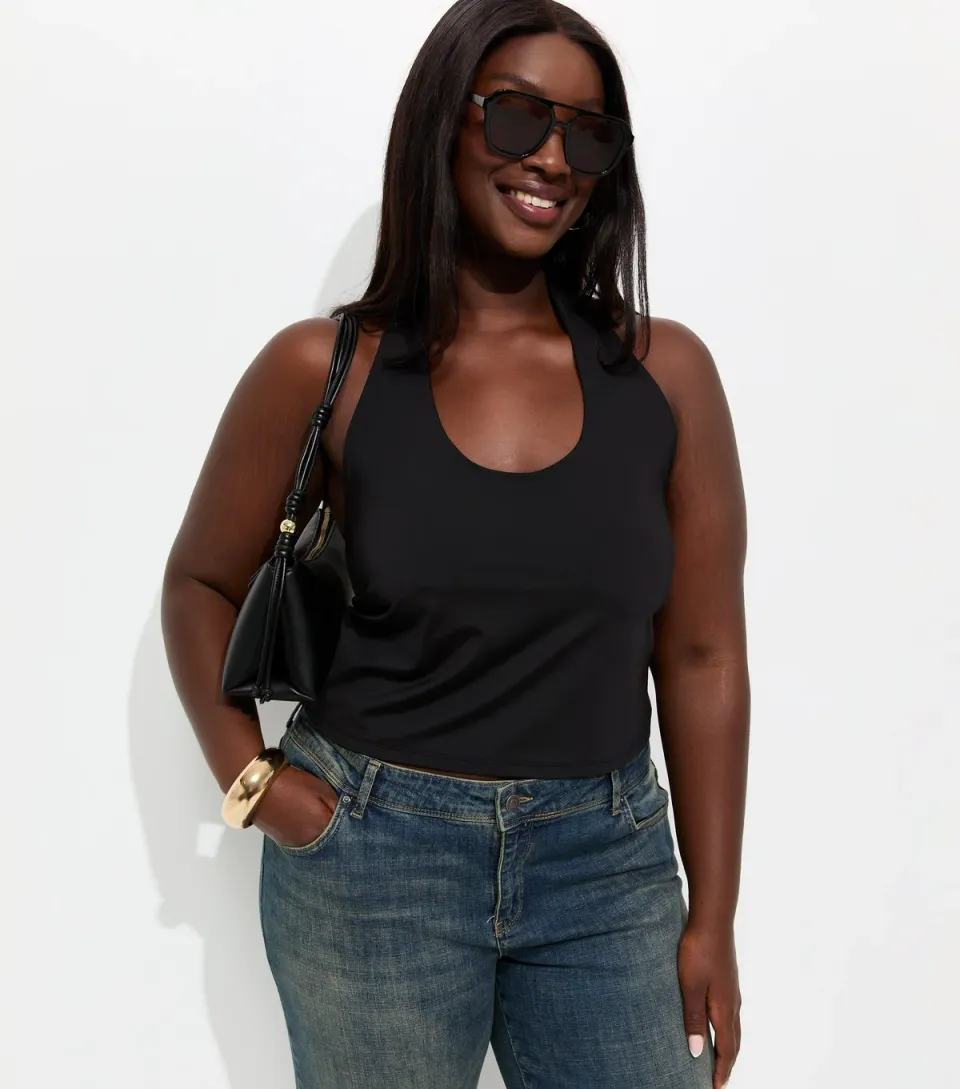 Women's Plus Size Black Slinky Jersey Halter Neck Vest Top Curves
