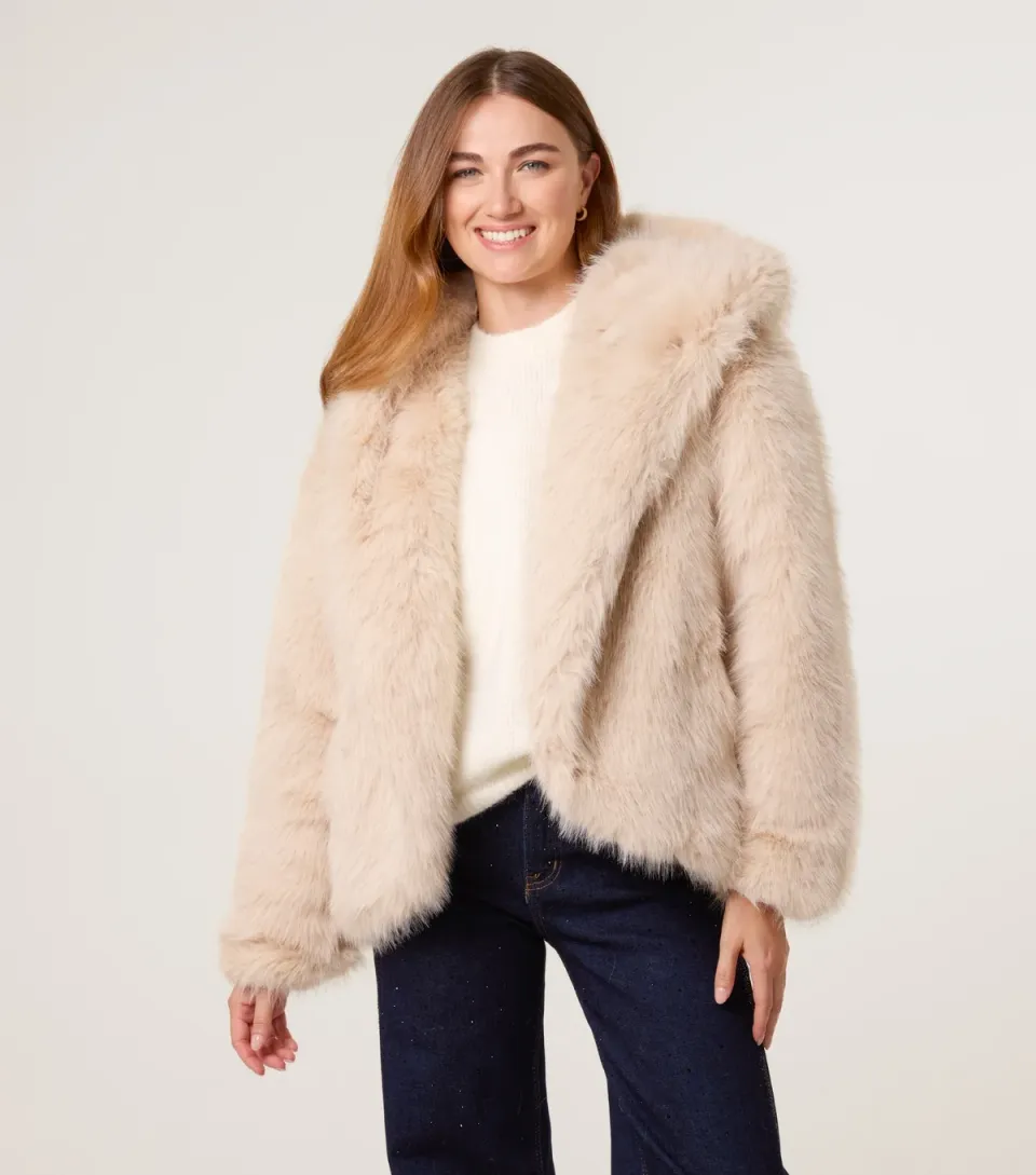 Women's Cream Faux Fur Hooded Coat