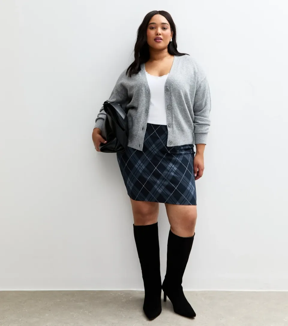 Women's Plus Size Blue Checked Jacquard Tube Skirt Curves