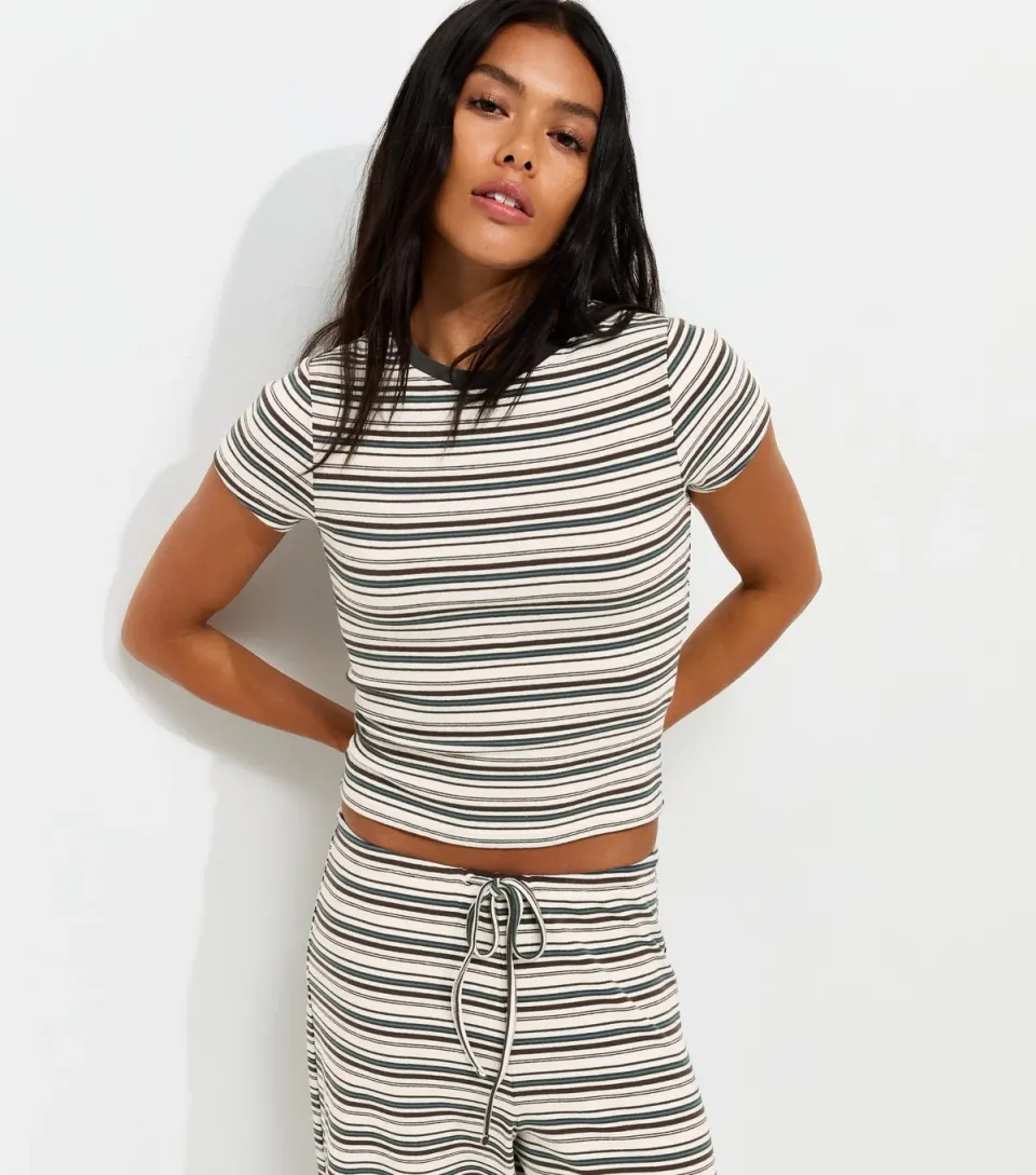 Women's Cream Cotton Rich Striped Baby Tee T-Shirt