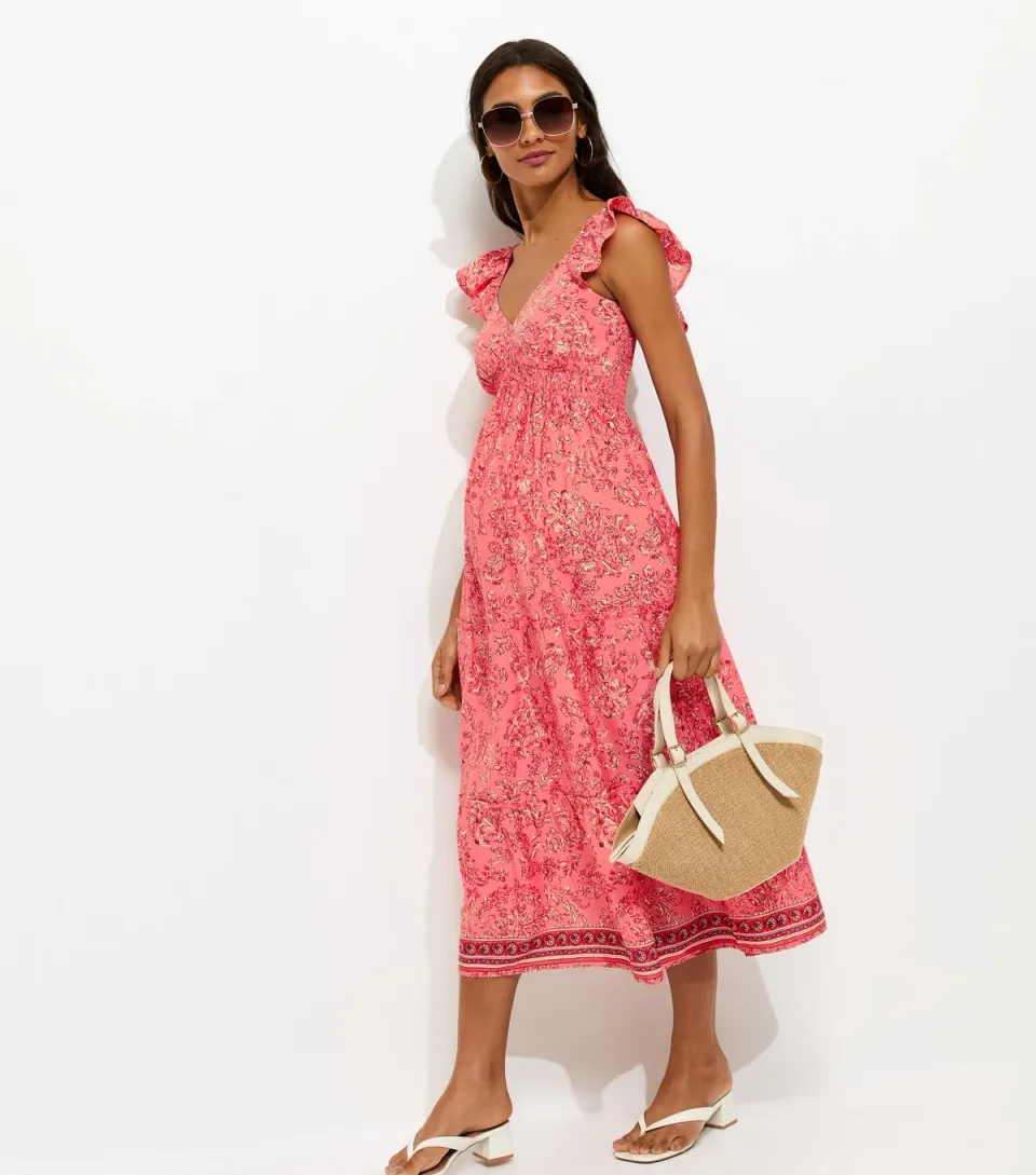 Women's Maternity Pink Floral Ruffled Strap Midi Dress