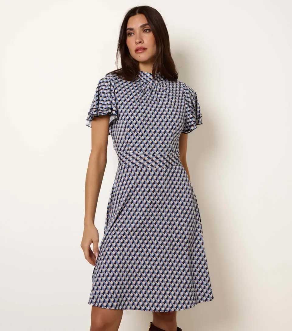Women's Navy High Neck Angel Sleeve Mini Dress