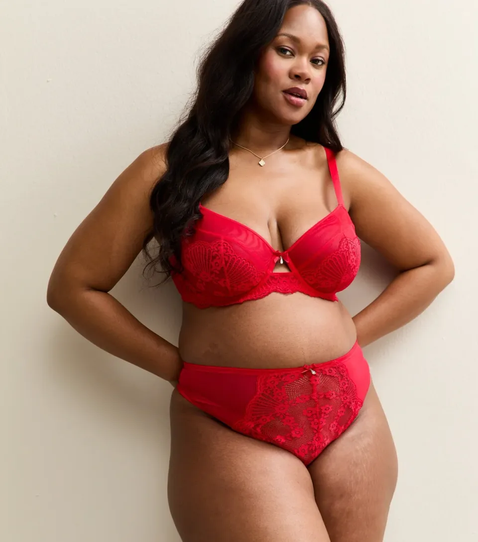 Women's Plus Size Red Floral Lace Panel Mesh Thong Curves