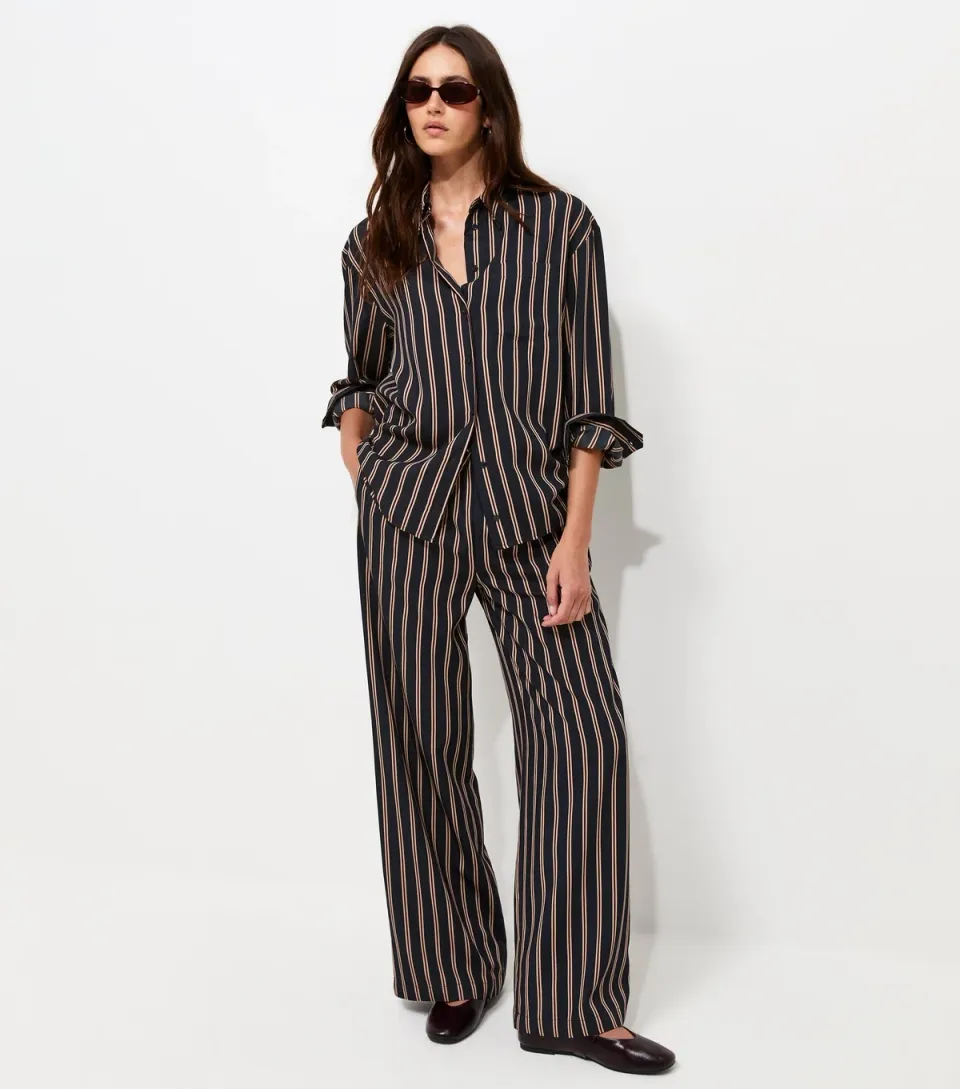 Women's Blue Woven Striped Wide Leg Trousers