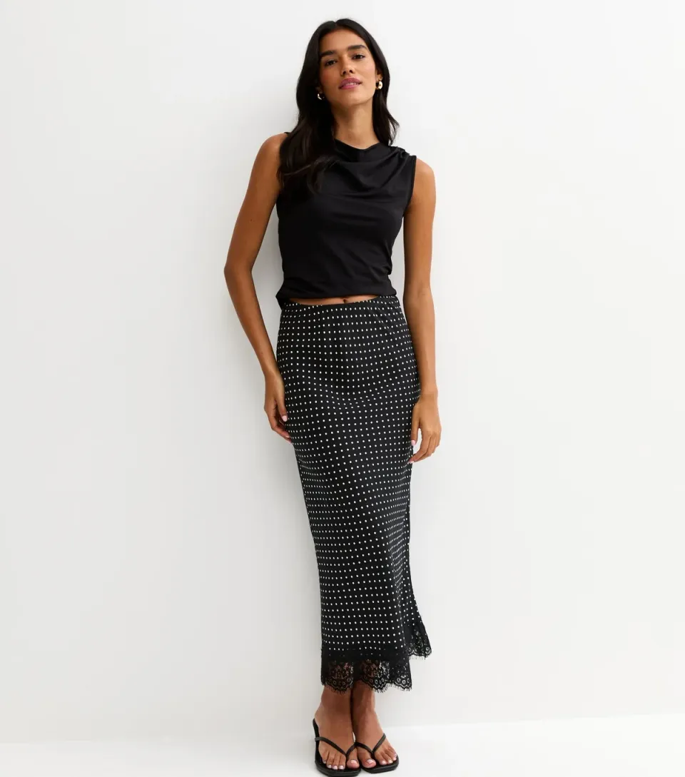 Women's Black Lace Trim Spot Print Bias Cut Midi Skirt