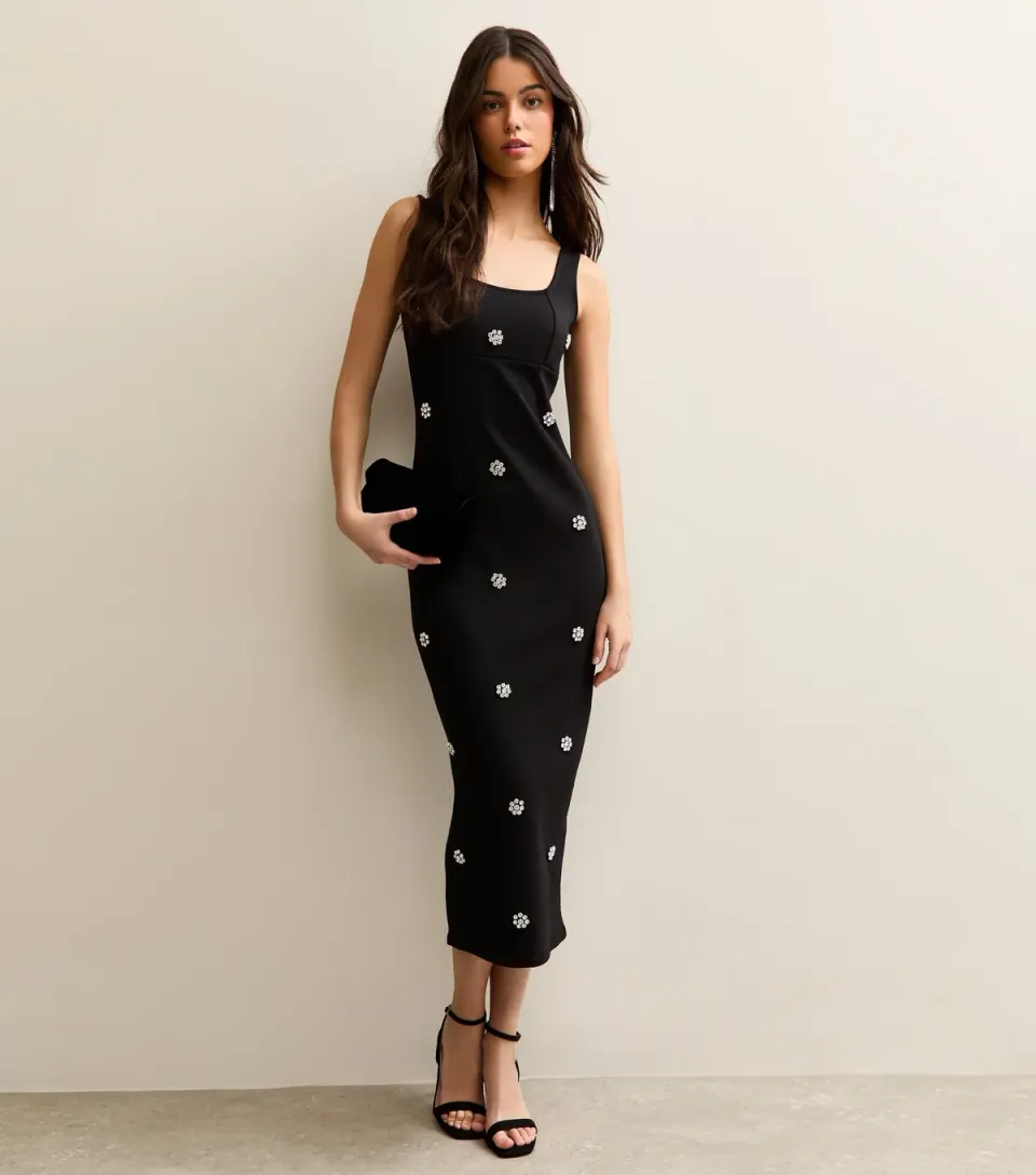 Women's Black Diamante Flower Midi Dress