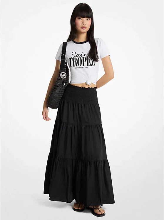 Smocked Cotton Poplin Tiered Maxi Skirt