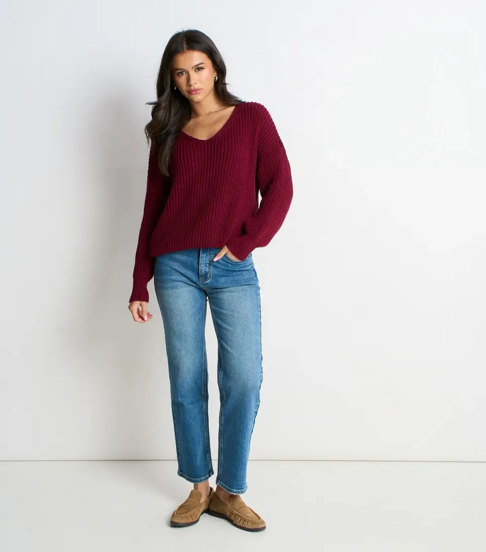 Women's Burgundy Knit Oversized Jumper