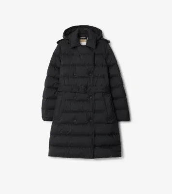 Mid-length Nylon Hooded Puffer Coat in Black