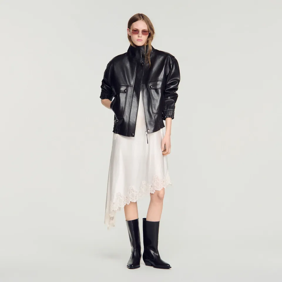 Standing collar leather jacket
