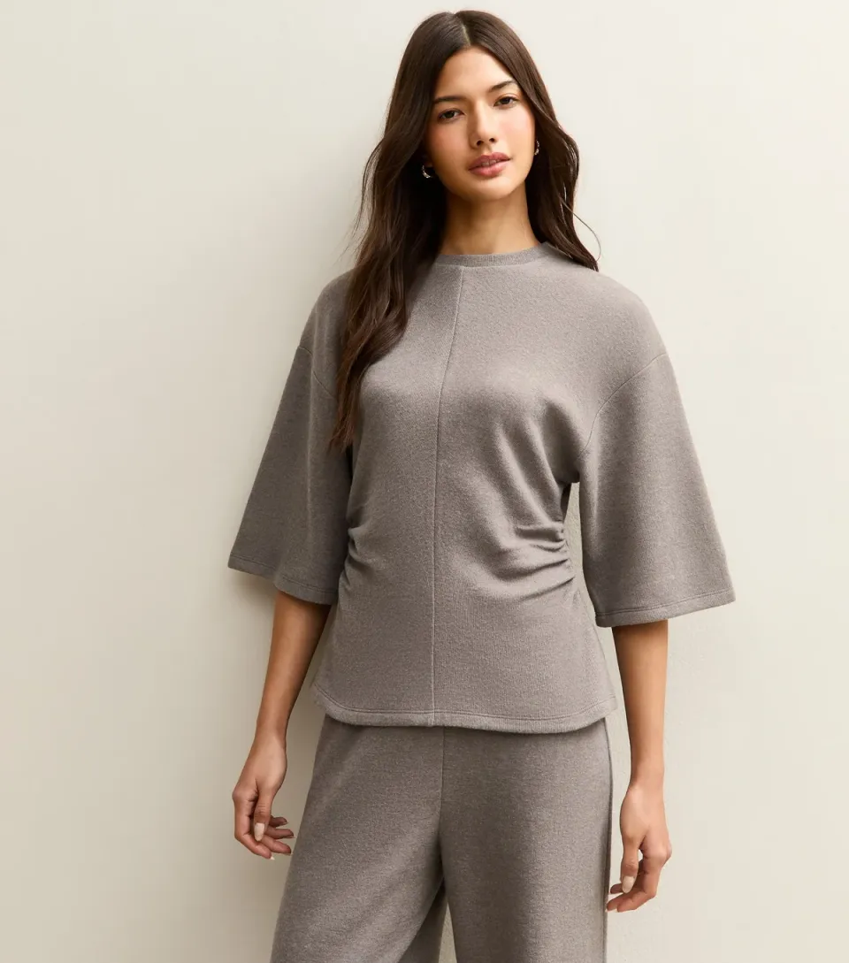 Women's Mid Grey Soft Touch Ruched Waist Top