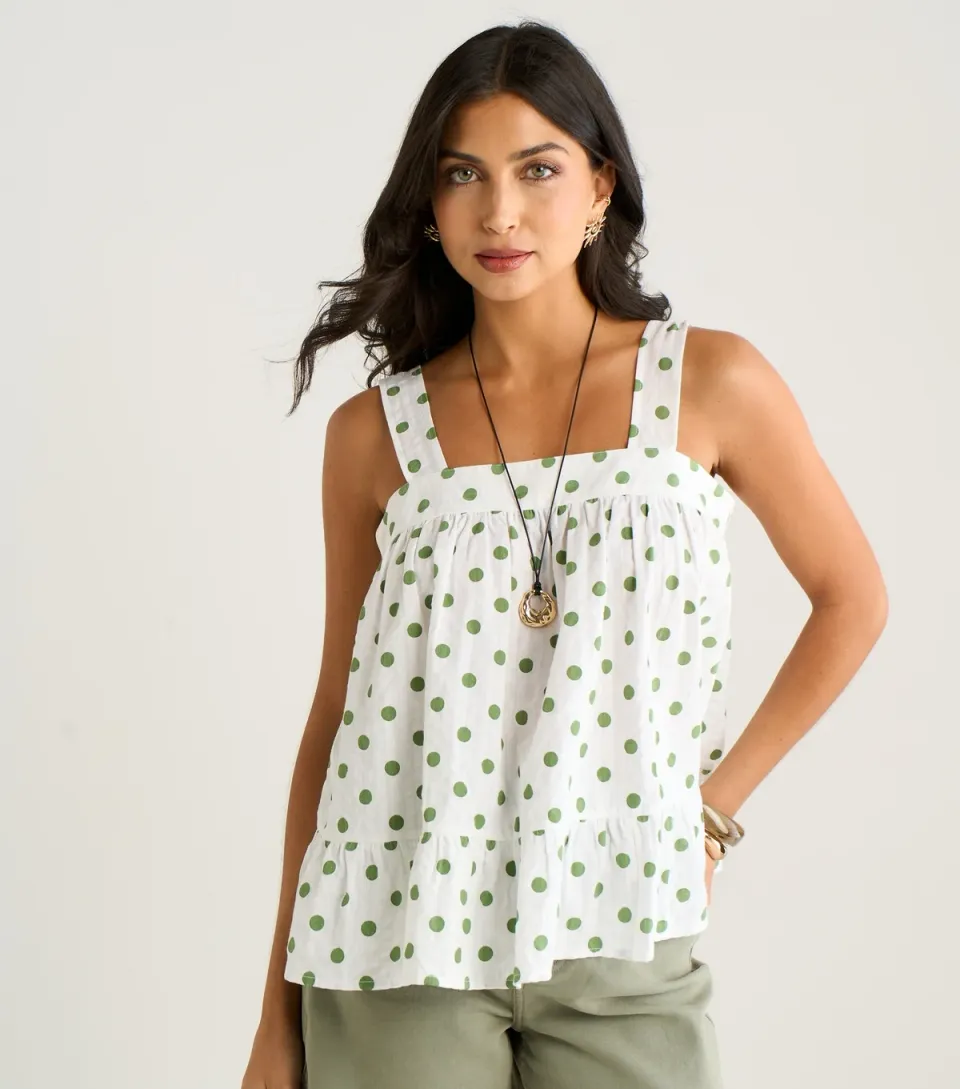 Women's Green Cotton Polka Dot Smock Cami Top
