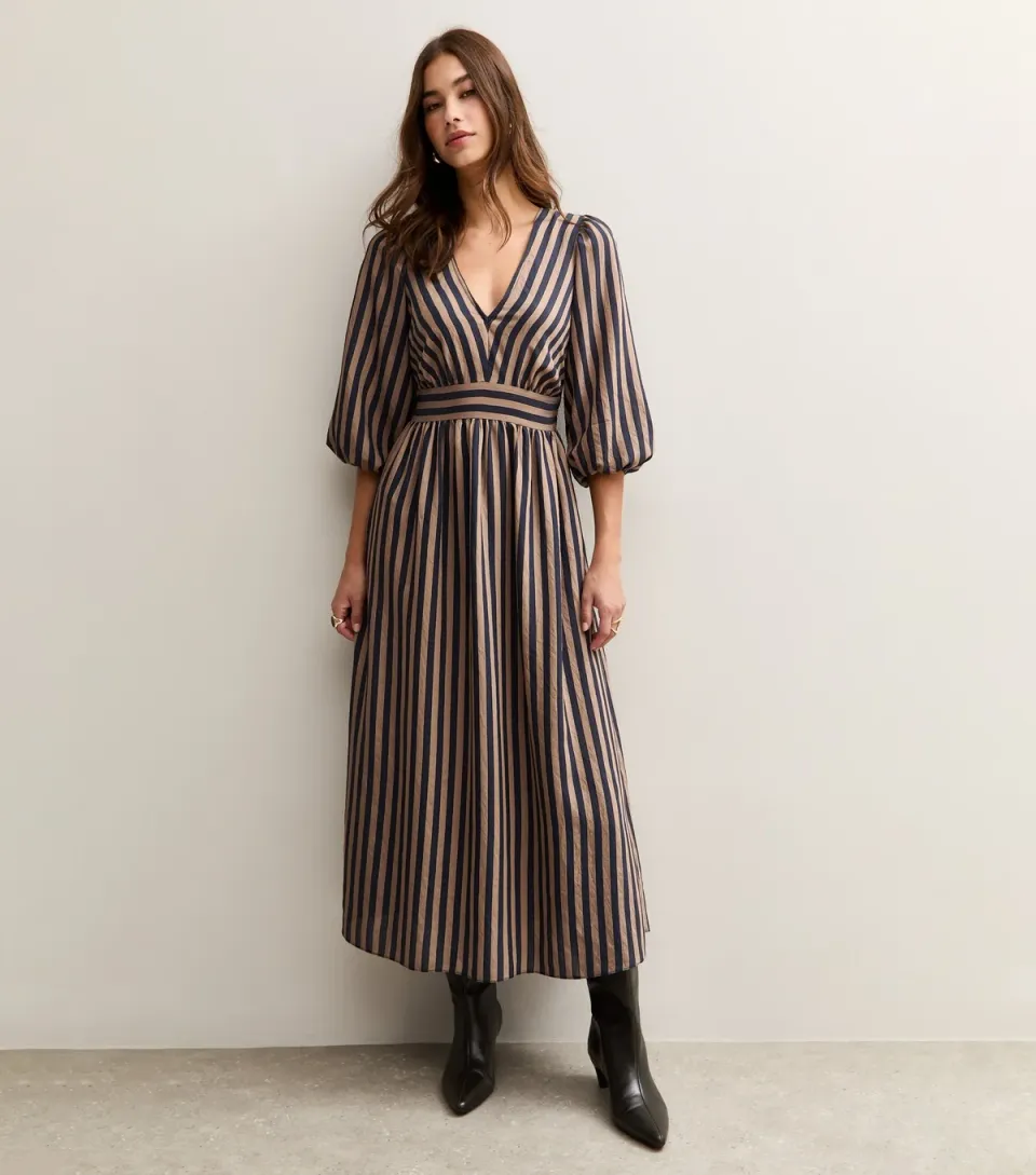 Women's Brown Striped V-Neck Puff Sleeve Midi Dress