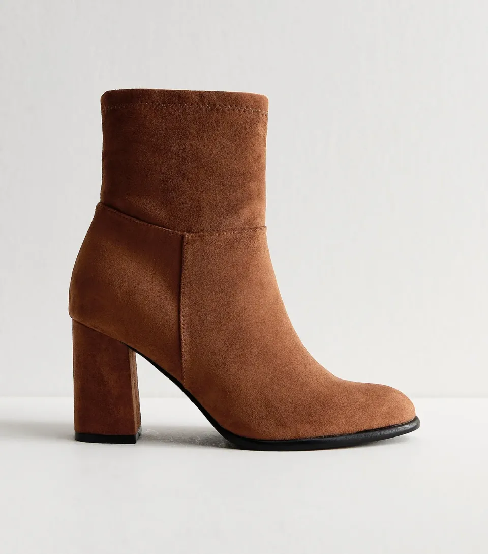 Women's Wide Fit Brown Faux Suede Block Heel Ankle Boots Vegan
