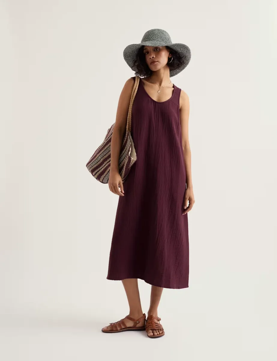 Pure Cotton Midi Shift Dress Brown
