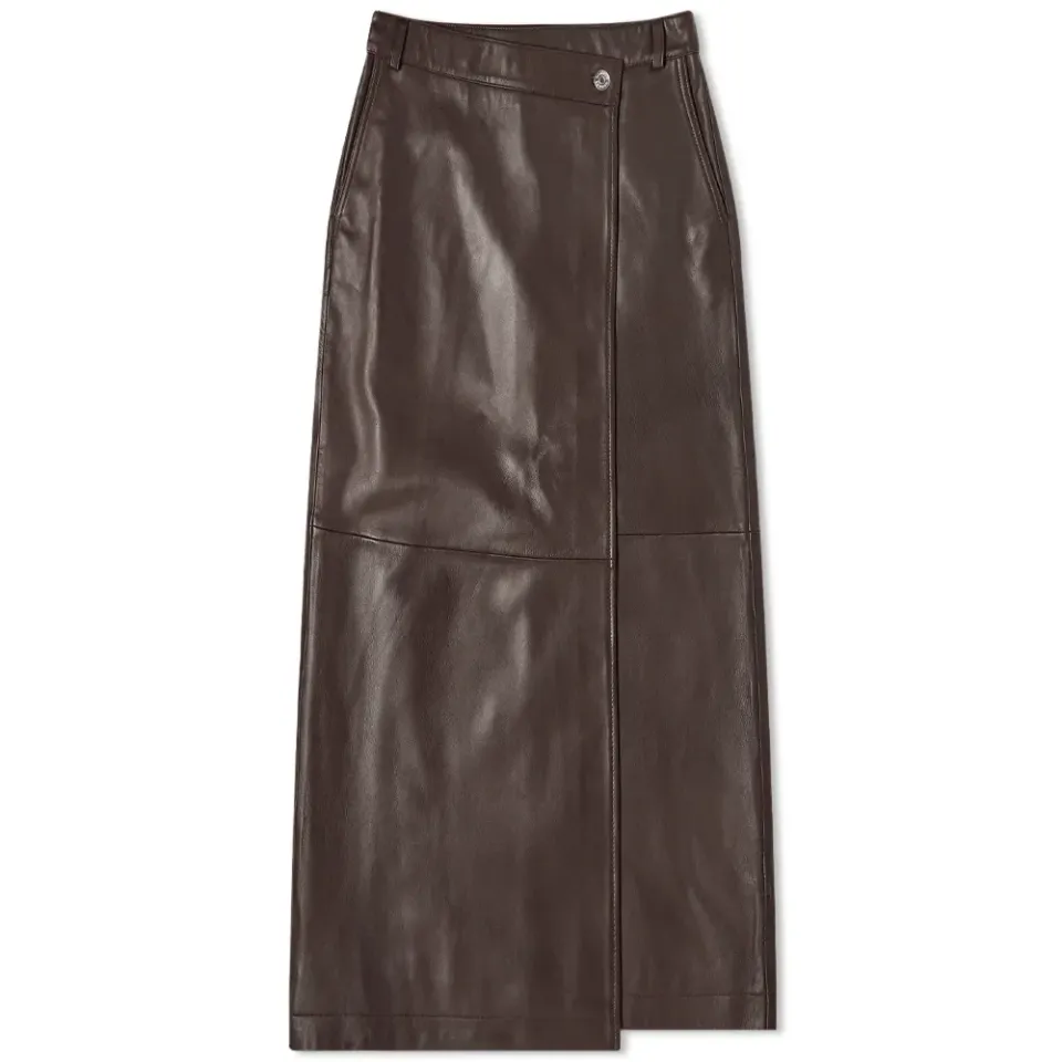 Wrap Front Leather Midi Skirt