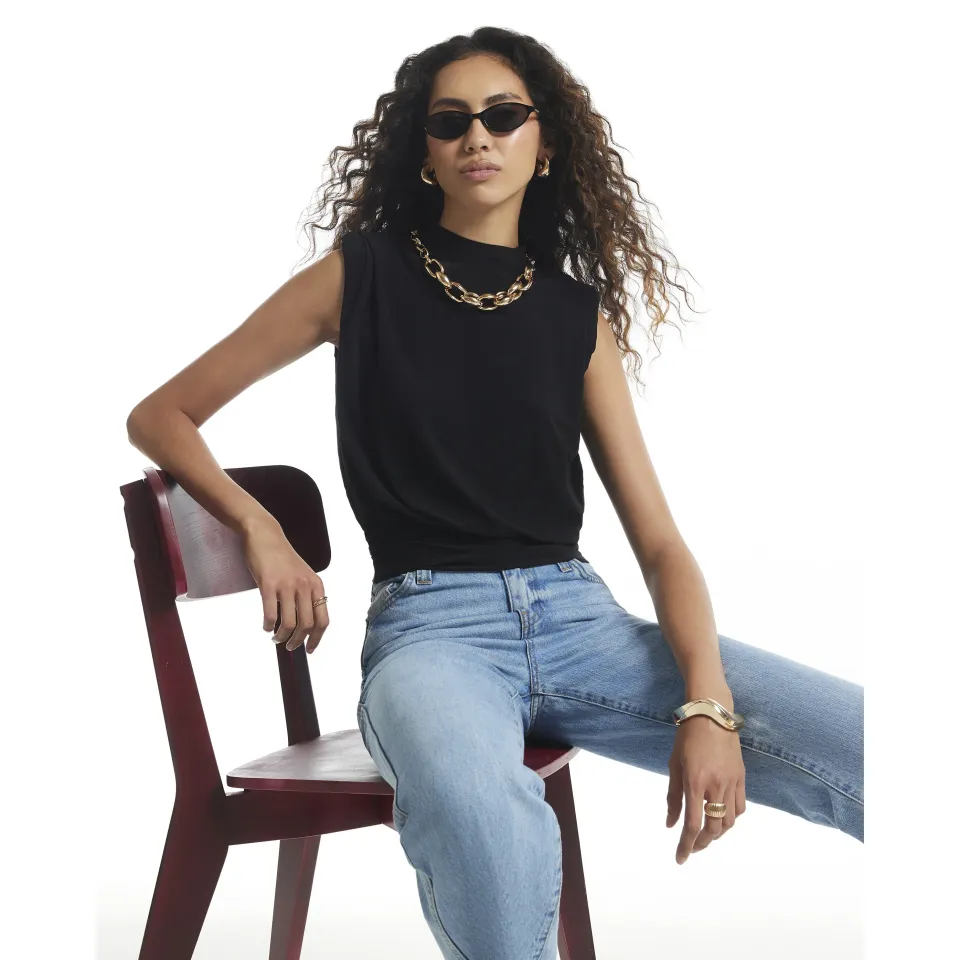 Sleeveless High Neck Cinched Waist Top