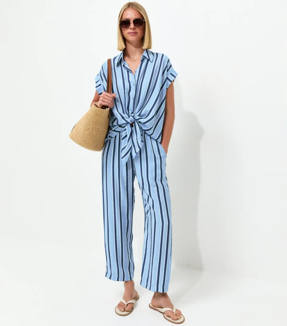 Women's Blue Striped Tapered Trousers