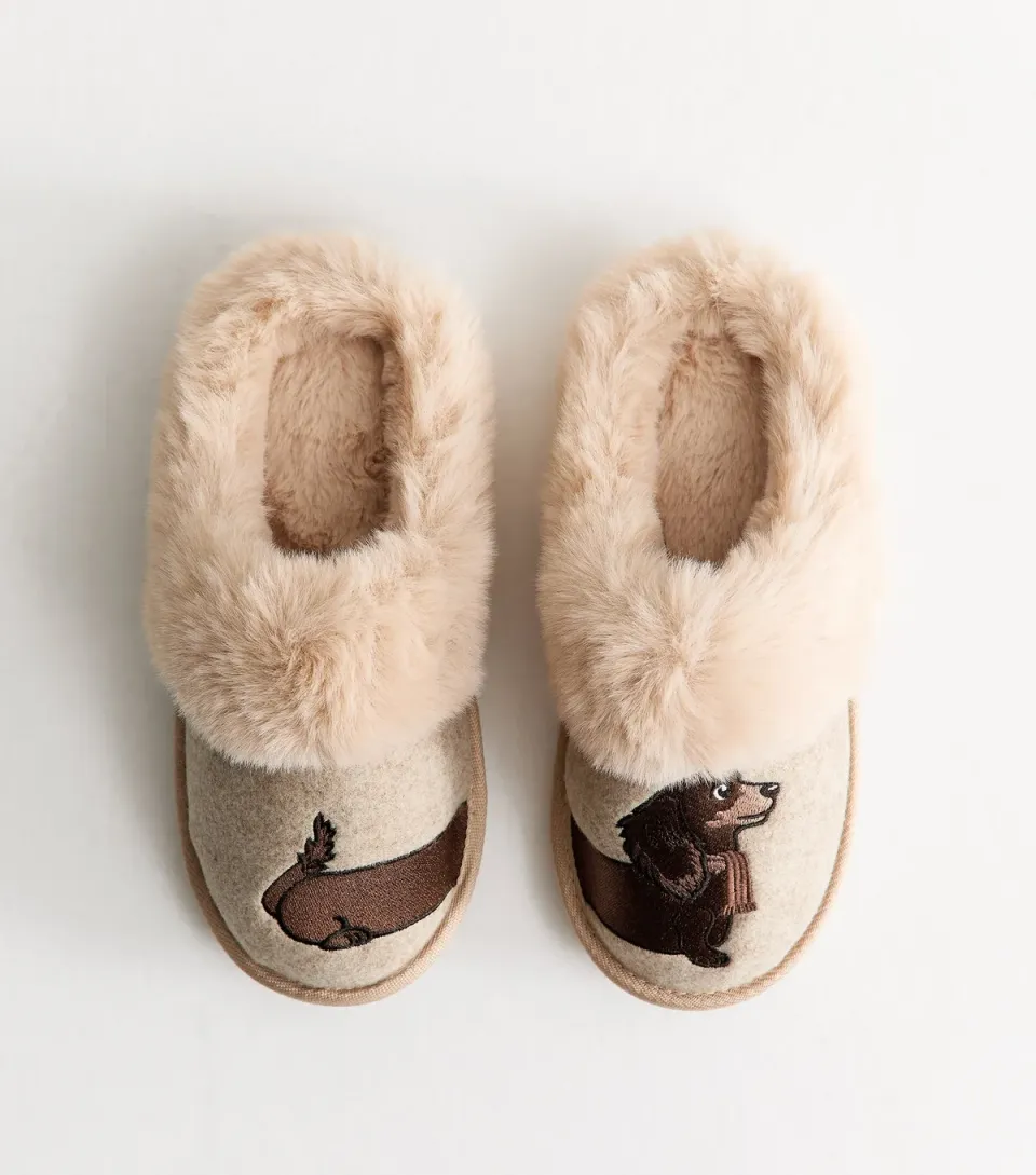 Women's Camel Sausage Dog Embroidered Mule Slippers Vegan