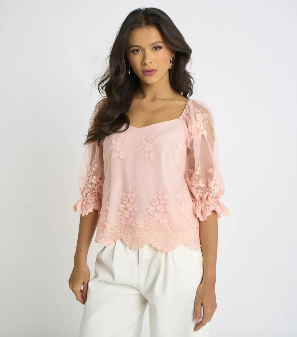 Women's Light Pink Embroidered Scallop Blouse