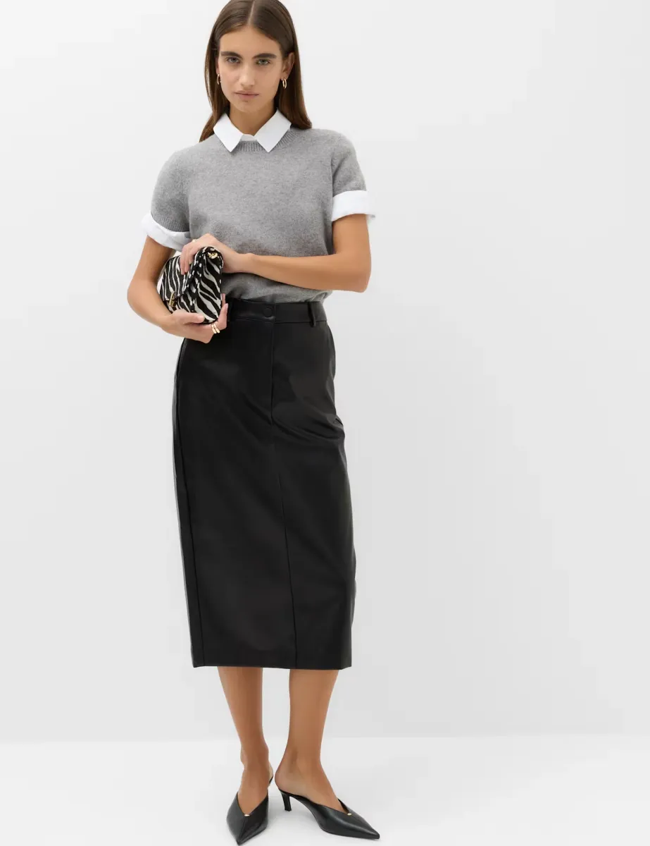 Leather Look Split Back Midi Skirt Black