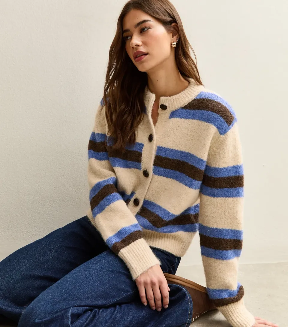Women's Cream Striped Long Sleeve Cardigan