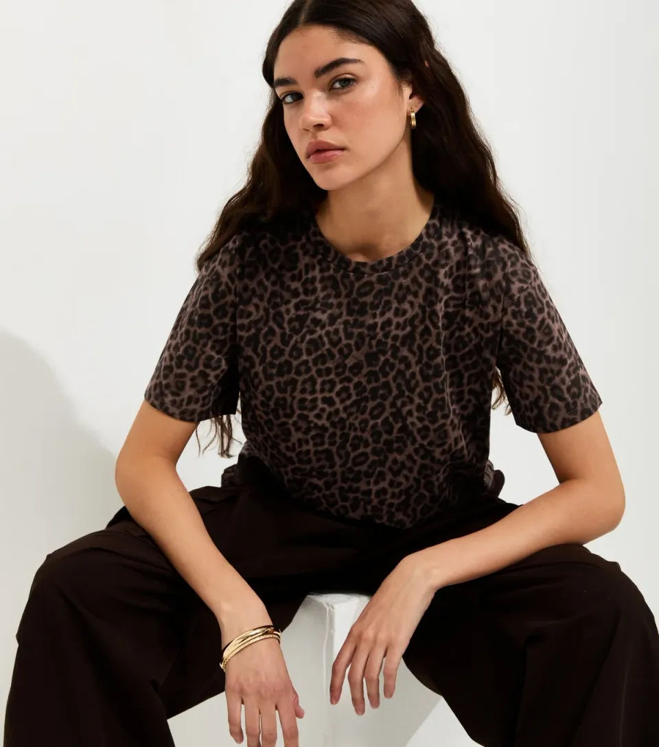 Women's Brown Cotton Leopard Print Easy T-Shirt