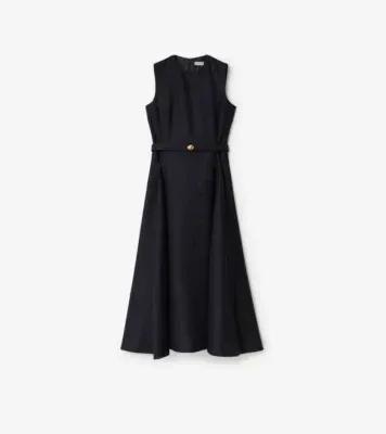 Belted Check Wool Dress in Navy blue