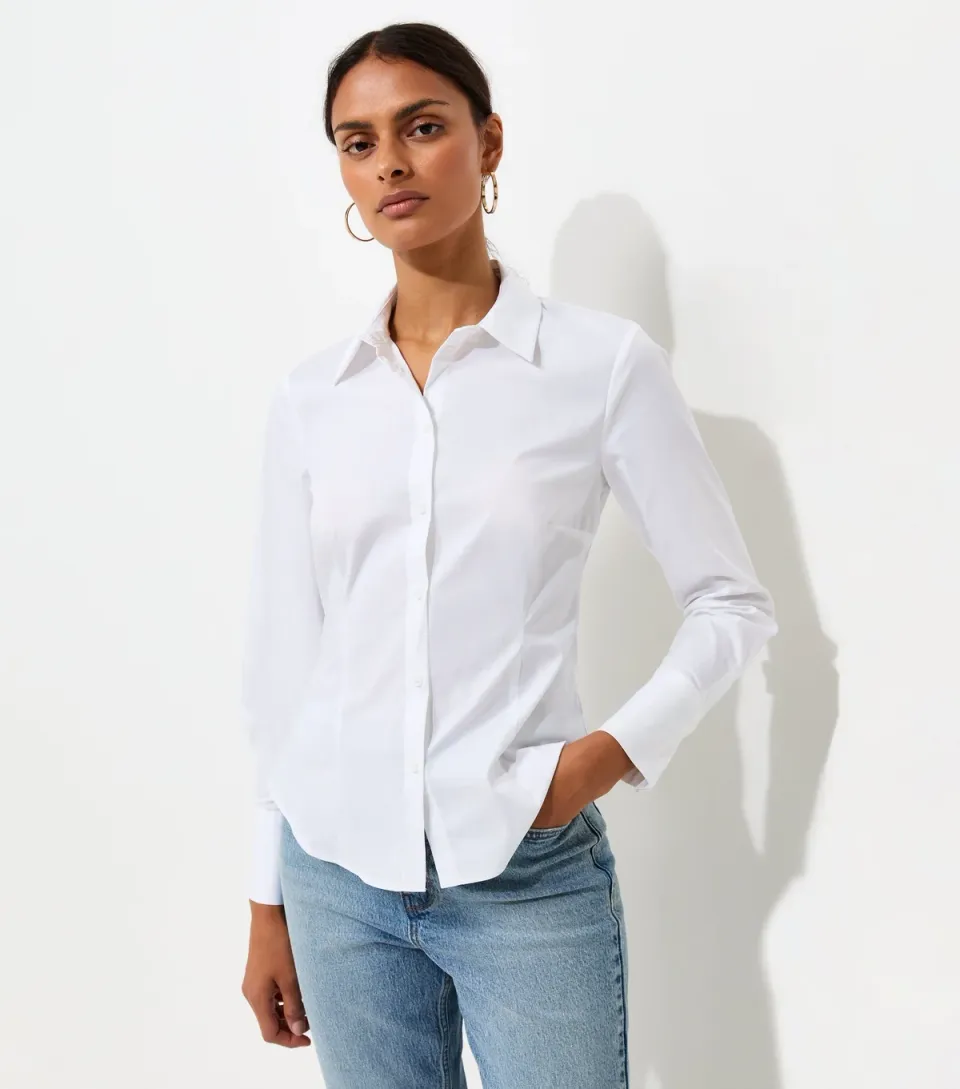 Women's White Cotton Rich Slim Long Sleeve Shirt