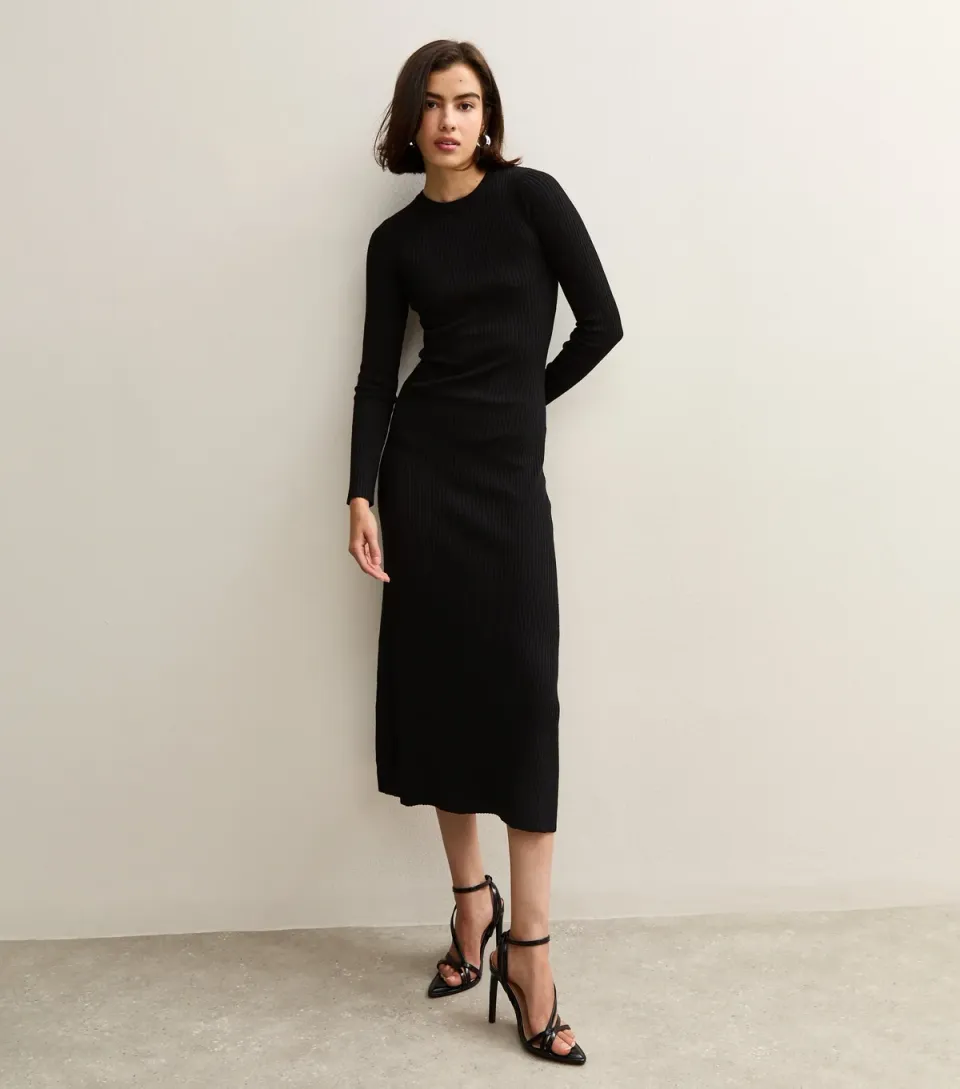 Women's Black A-Line Knitted Midi Dress