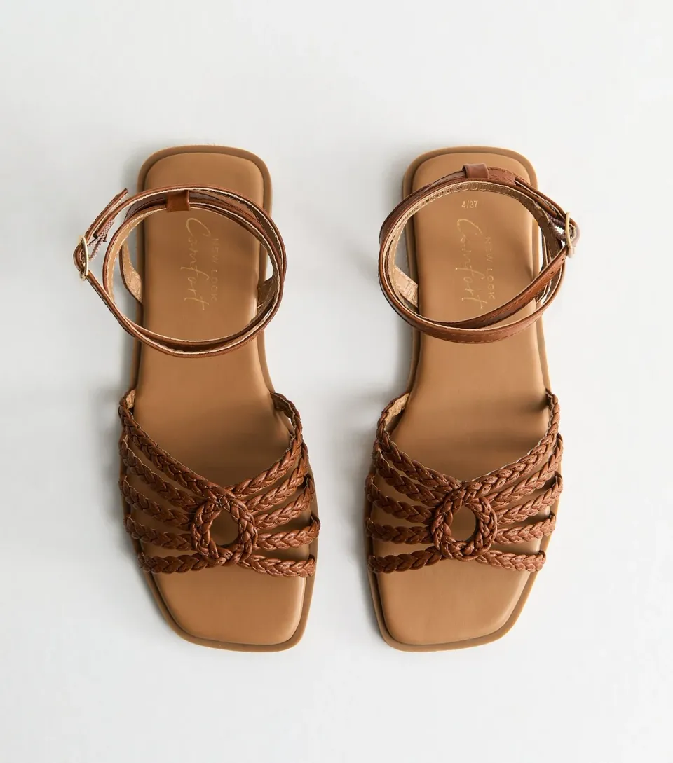 Women's Tan Plaited Strap Flat Sandals Vegan
