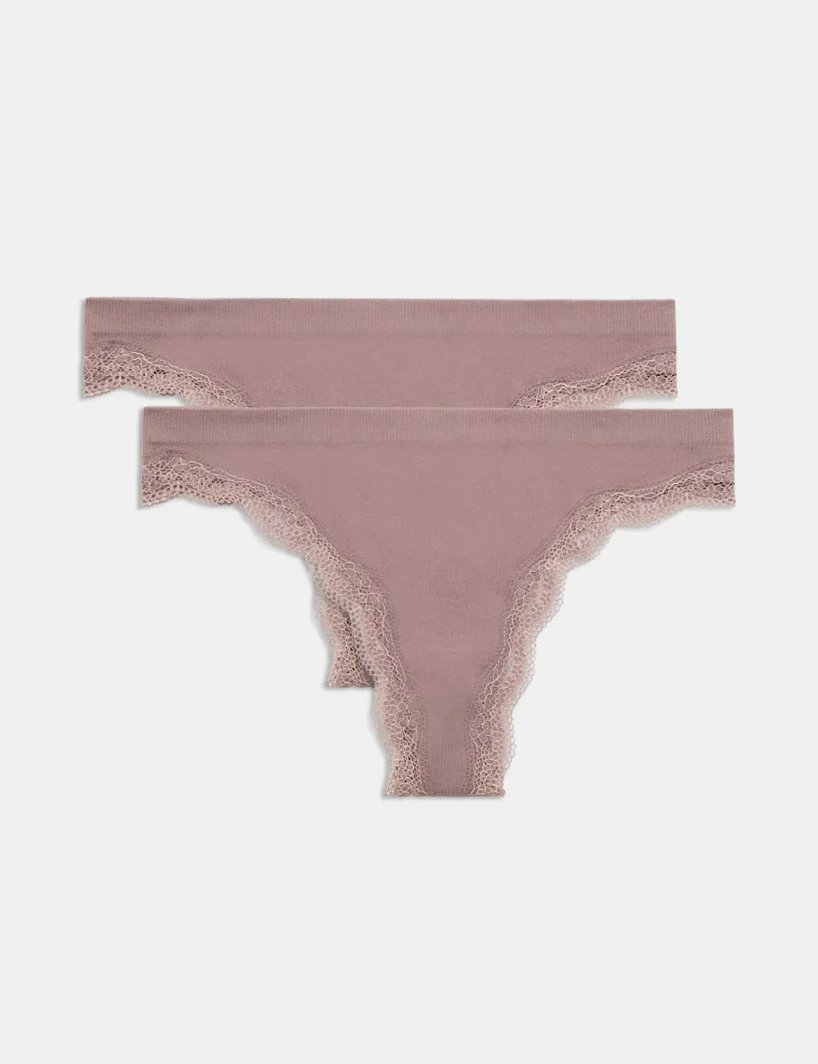 2 Pack Jasmine Lace Seamless Thongs Praline