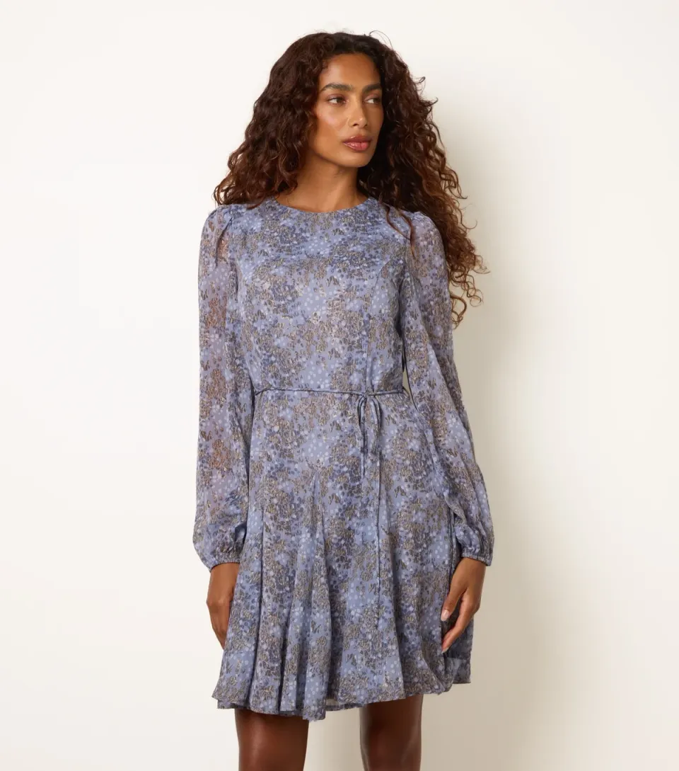 Women's Blue Patterned Tie Waist Godet Midi Dress