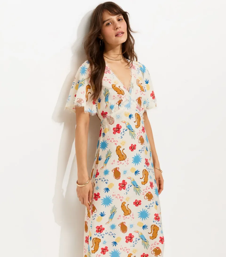 Women's Tall Cream Leopard Print Lace Trim Midi Tea Dress
