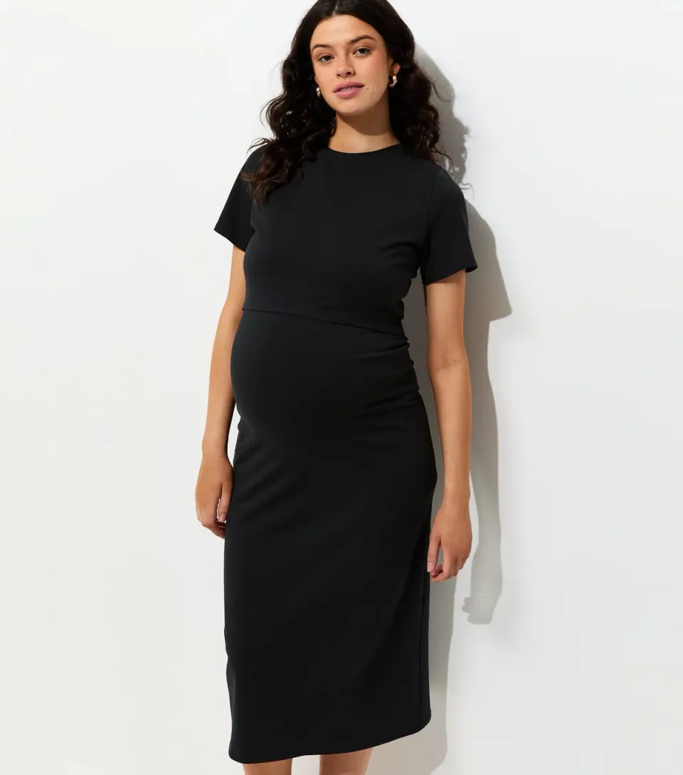 Women's Maternity Black Cotton Rich Double Layer Midi Dress