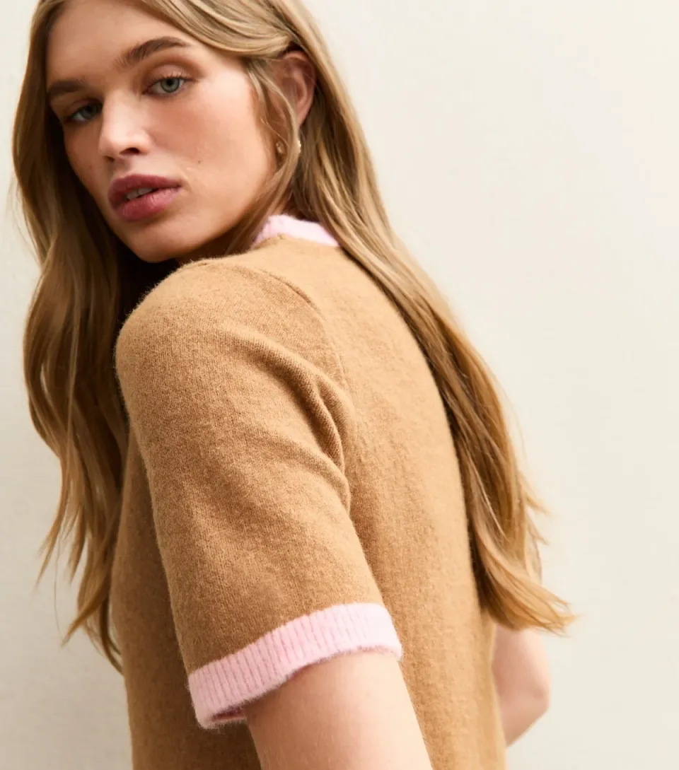 Women's Camel and Pink Knit Contrast Rib T-Shirt