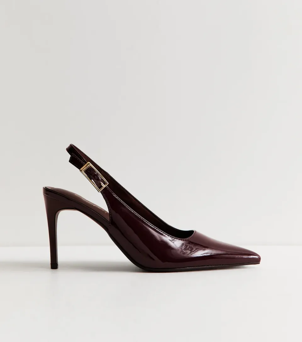 Women's Dark Burgundy Faux Leather Slingback Stiletto Court Shoes Vegan