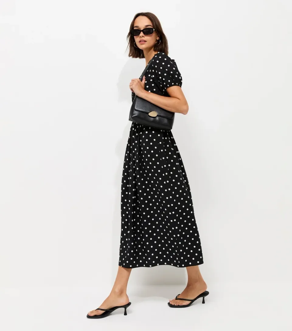 Women's Black Spot Print Ruched Waist V-Neck Midi Dress