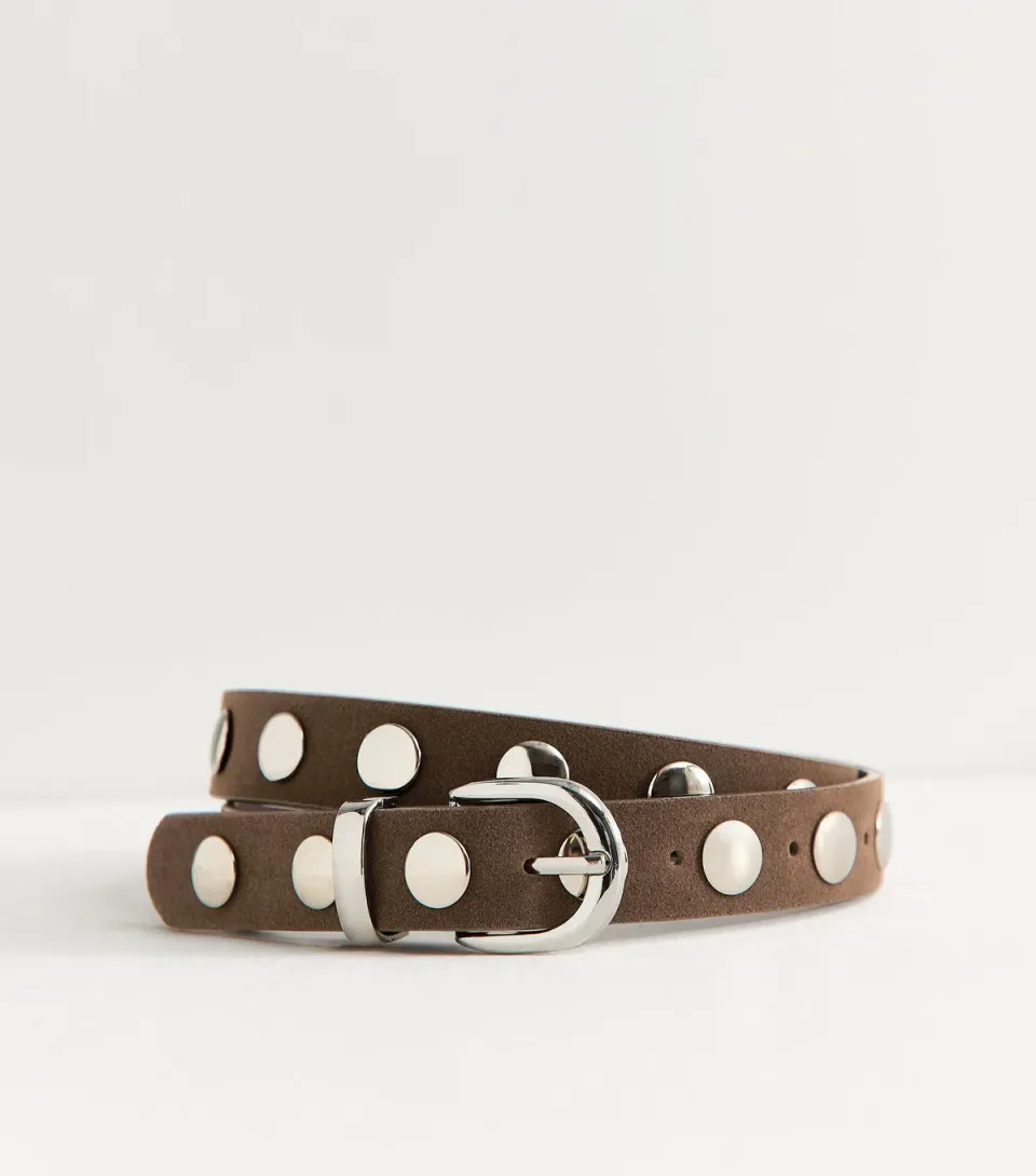 Dark Brown Faux Suede Studded Belt Vegan