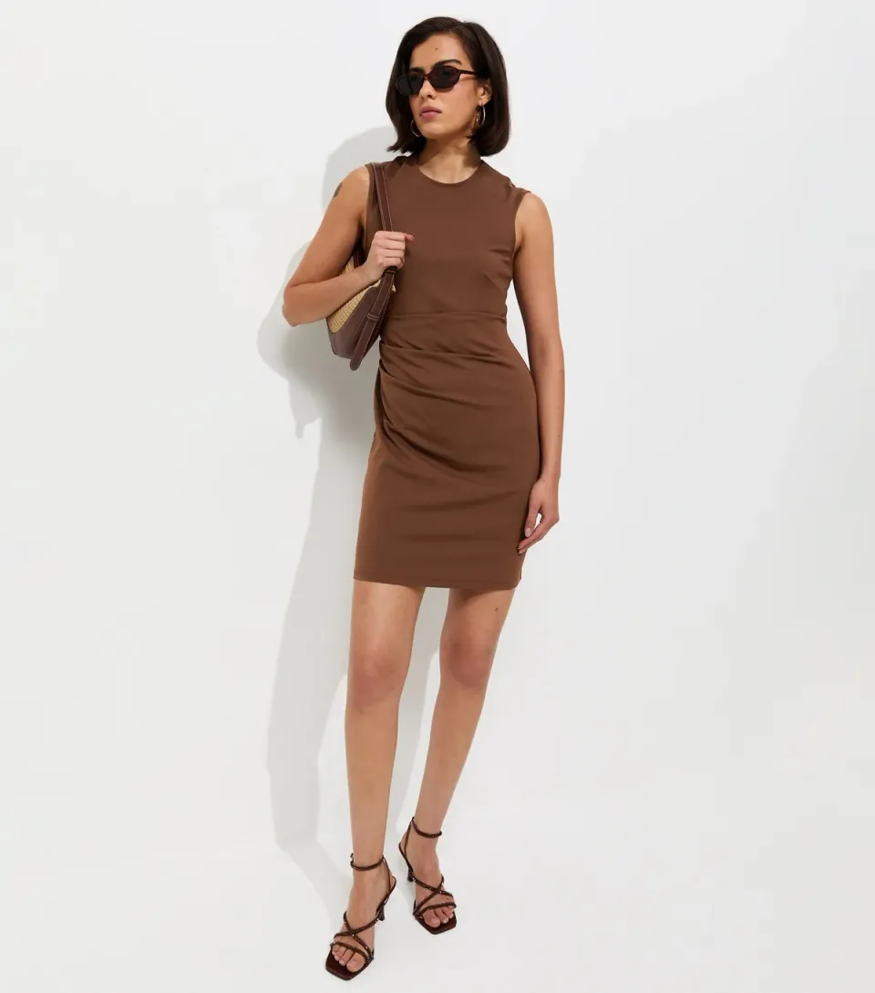 Women's Dark Brown Ruched Waist Sleeveless Mini Dress