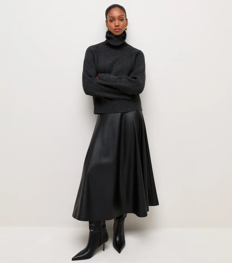 Women's Black Faux Leather Circle Maxi Skirt Vegan