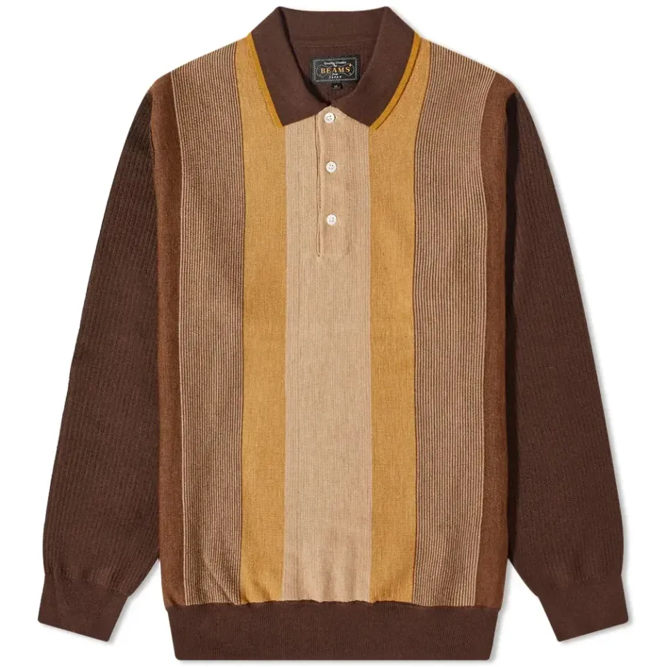 Long Sleeve 12G Stripe Knit Polo Shirt