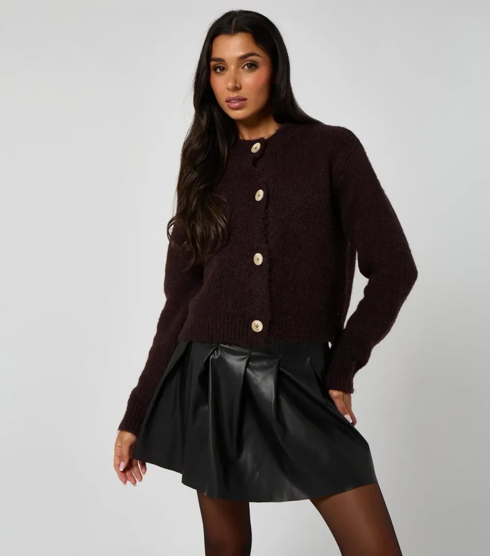 Women's Brown Cropped Soft Knit Cardigan