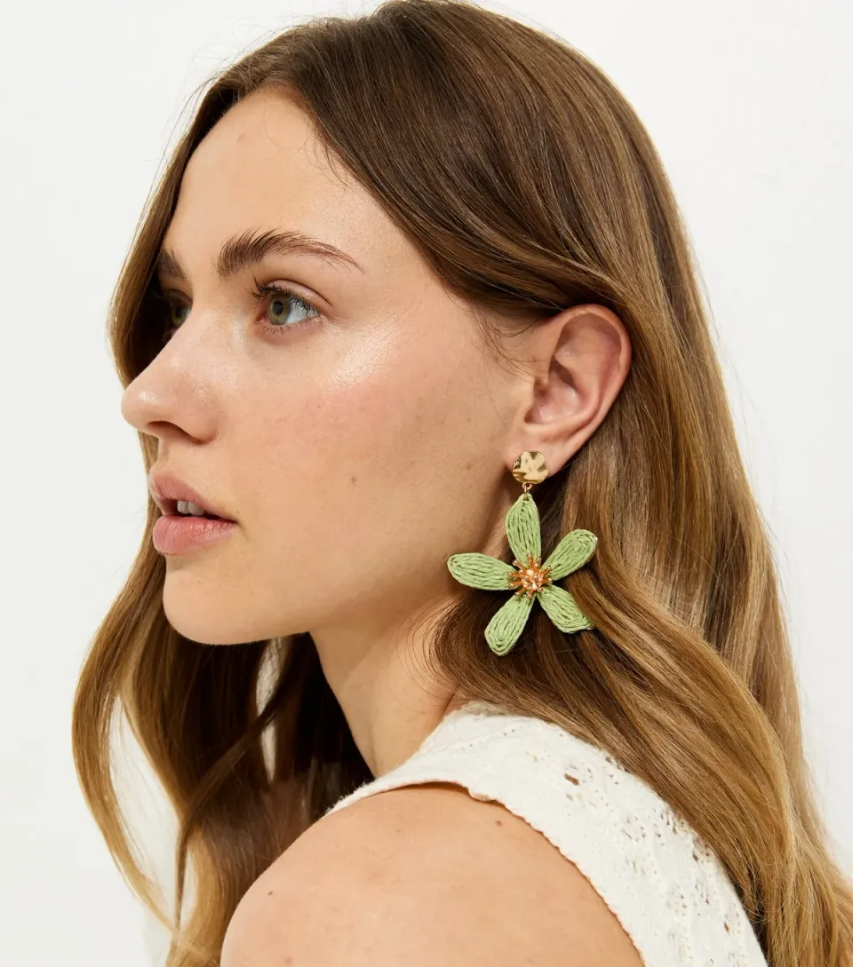 Large Green Threaded Flower Stud Earrings