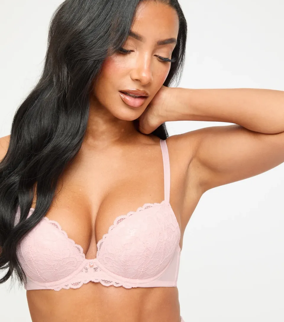 Women's Light Pink Sexy Lace Padded Plunge Bra
