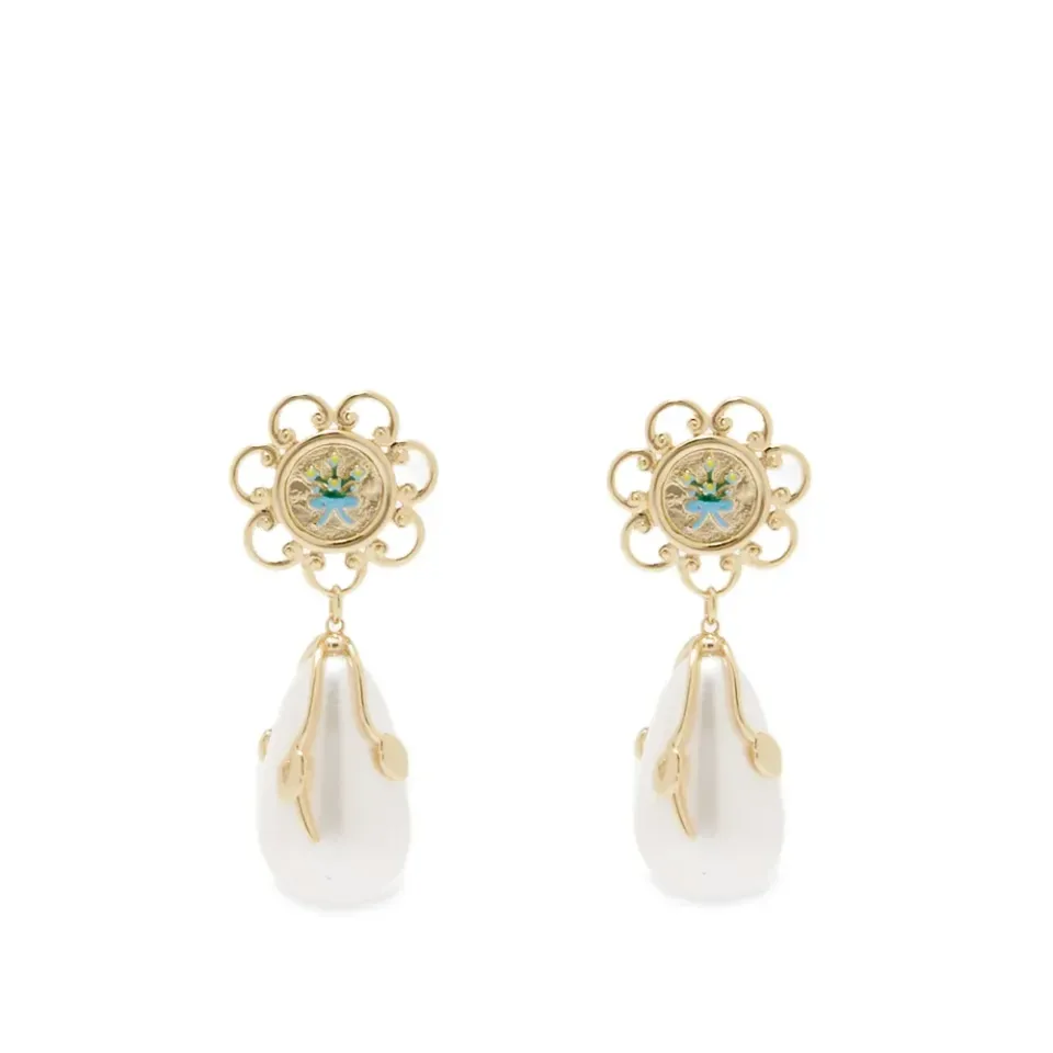 Enamel Floral Motif Pearl Earring