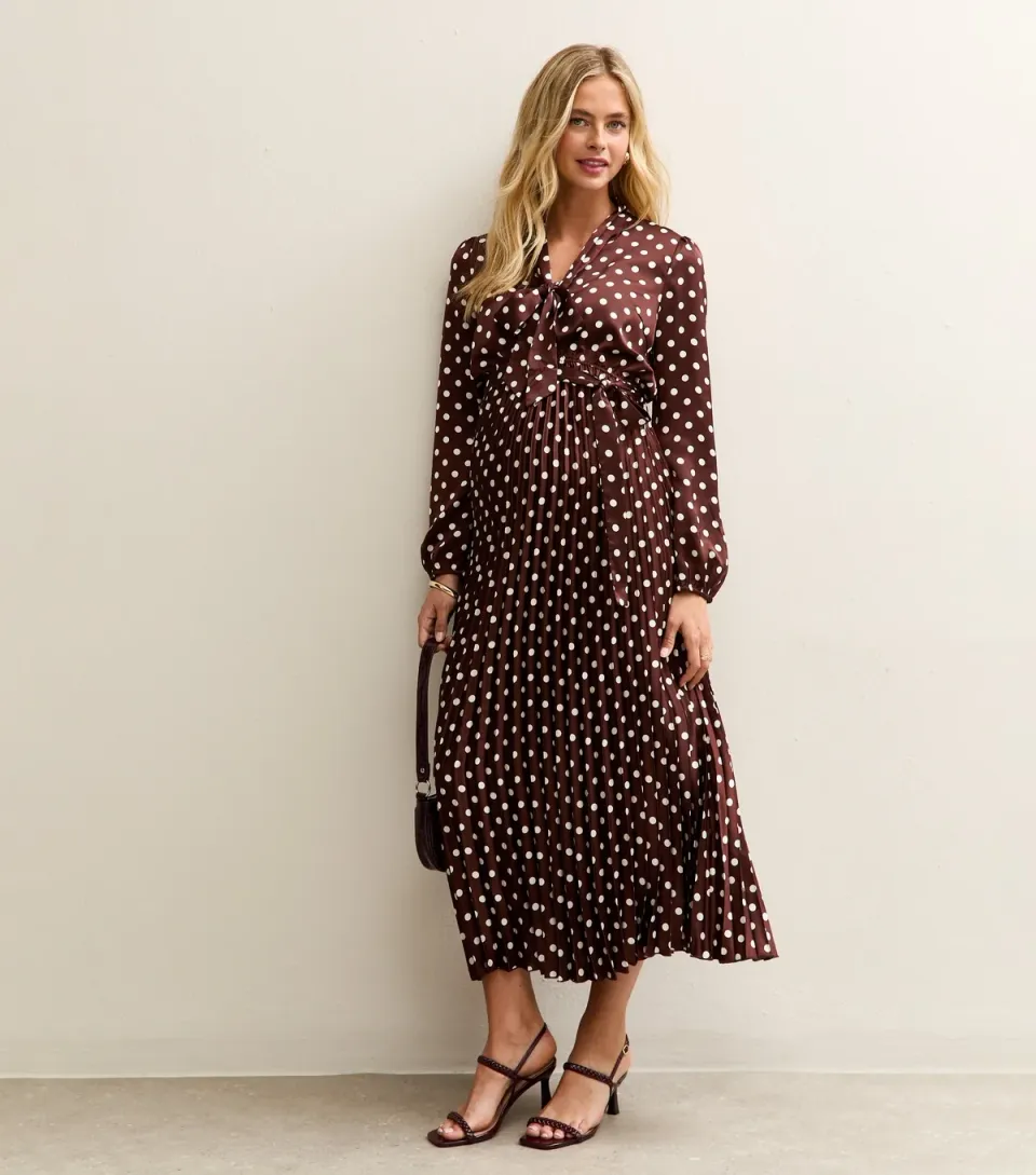 Women's Maternity Brown Polka Dot Satin Pleated Midi Dress